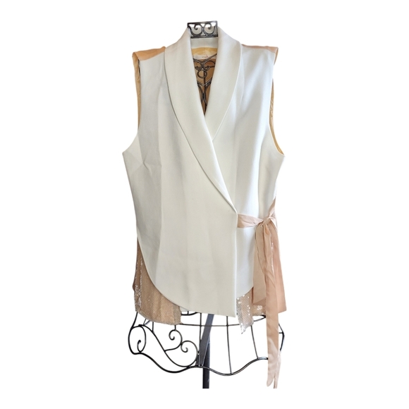 Miarte White Wrap Top with Sequin Accents Size 4 Sleeveless Satin Tie Blouse - Picture 3 of 8